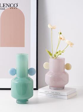 北欧 ins风创意彩色玻璃双耳花瓶时尚样板房客厅餐桌插花装饰摆件