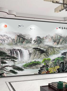 中式流水生财迎客松壁纸电视背景墙贴自粘沙发3d立体壁画影视墙布