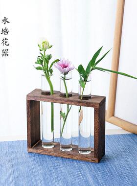 网红试管花瓶水培插花植物容器简约木架摆件装饰创意玻璃壁挂花器