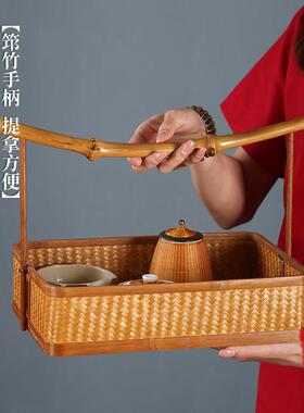中式筇竹165465工竹编仿古手提盒方形长圆形提篮水食果篮茶点收纳