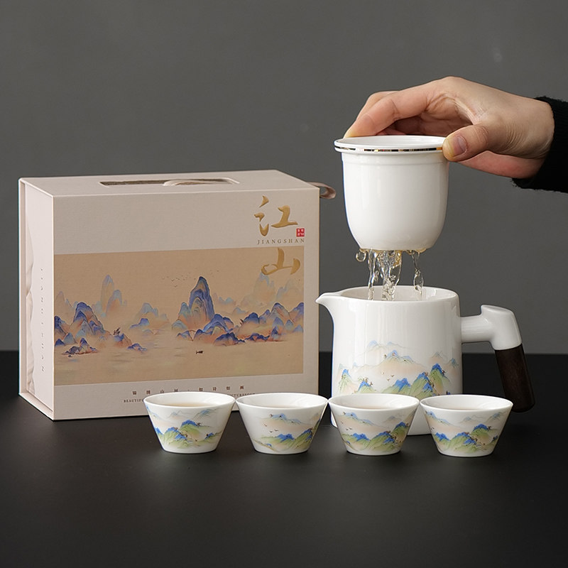 Tea set Kung Fu four cups complete set one pot out-and-out tea set travel portable bag white porcelain tea can camping