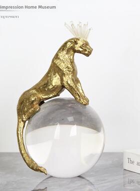 金钱豹子水晶球酒柜装饰品招财摆件现代轻奢玄关办公室书柜摆设品