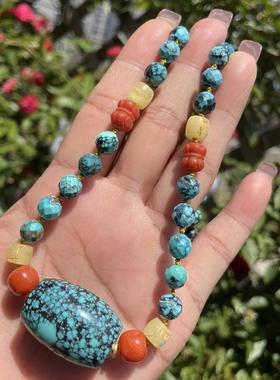 原矿高瓷绿松石乌兰花桶珠吊坠转运珠项坠锁骨链挂件29×20.6mm