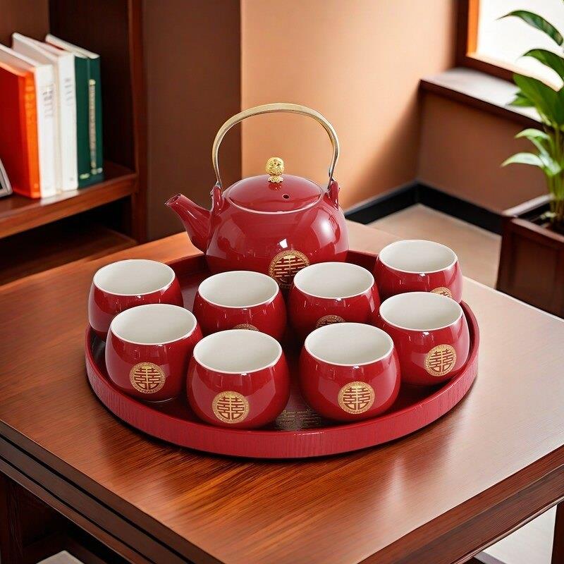 Wedding celebration tea cup Chinese style engagement supplies red bride dowry tray teapot tea set