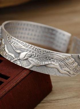 正品莲花心9经纯银手镯银99足男女款口开复古宽版个性银镯子银制