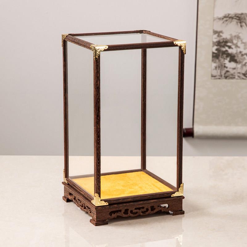 Mahogany glass cover Guanyin Buddha statue cultural toys antique crafts ornaments chicken wing wood cage display dust cover customization