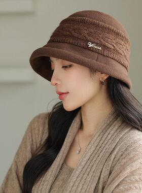 女士秋季洋气帽子高颜值日系复古文艺盆帽百搭保暖毛呢针织渔夫帽