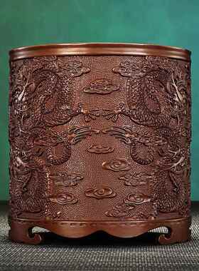 铜欣祥紫铜九龙笔筒文房用品书房家居摆件商务礼品浮雕笔筒