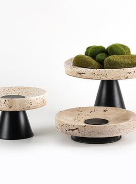 轻奢侘寂风托盘摆件样板房仿黄洞石高脚圆形果盘烛台组合软装饰品