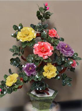 高档天然玉石8朵丹花创意客饰厅家居摆品玉器盆景牡工艺品古风花