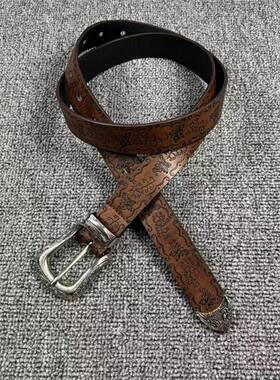 中古白色蝴蝶纹压花针扣腰带设计感小众简约百搭男女皮1010e