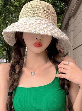 日系小清新花朵蕾丝夏季出游海边度假百搭赫本风遮阳帽草编帽子女