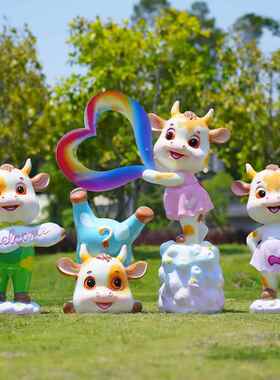 卡通奶牛雕塑可爱动物件幼儿园学校游乐饰场场商HY800667玻璃钢摆