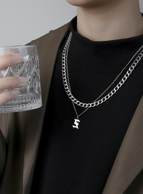 风ins古巴男士简约男女项链钛钢双层饰品字母