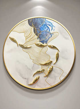 手绘九鱼图金线画新中式玄关圆形抽象画现代轻奢客厅装饰油画招财