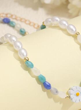 Colored pearl necklace彩色雏菊休闲 清新夏日蓝白色串珠女士项