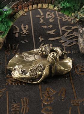 古玩铜器黄铜镇纸镇尺笔搁笔架荷叶鱼铜艺小摆件书房用品仿古铜雕