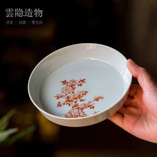 云隐造物 仿古釉手绘壶承小号盖碗托淋壶盘青釉菊花壶托盘 - 图2