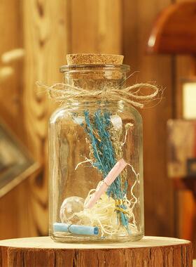 创意夜光花束玻璃许愿瓶 家居工艺品摆件干花花艺祝福木塞瓶