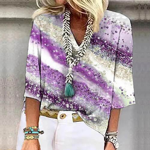 Women's printed collar pullover T-shirt with three quarter - 图2