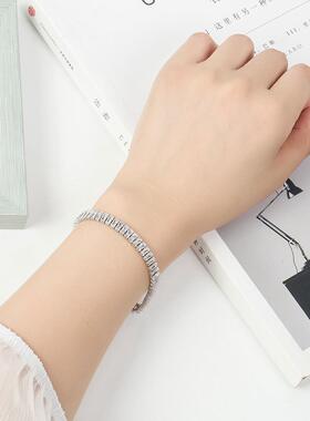 简约手饰 女 时髦个性粗链条长方形锆石银色优雅气质满钻冰清手链