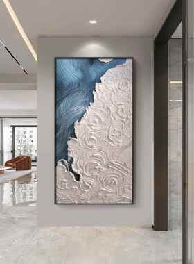 纯手绘油画肌理感蓝色抽象高级感客厅背景挂画玄关现代轻奢装饰画