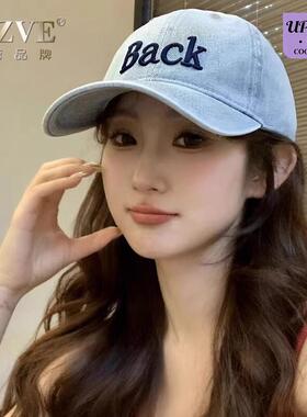 新款加长大檐韩版牛仔棒球帽女刺绣字母UPF50+防晒出游休闲鸭舌帽