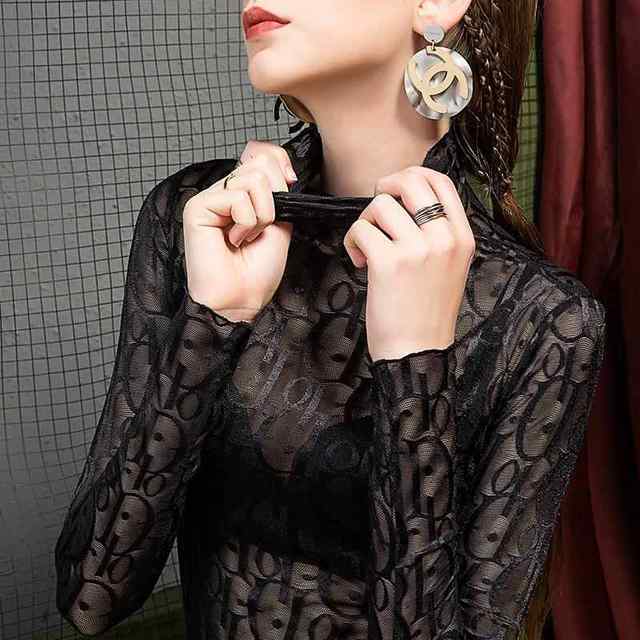 Autumn new style mesh bottoming shirt for women with high collar and stylish letter print black lace inner with sexy gauze top