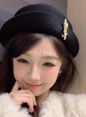 帽子女款！留洋千金郁金香胸针黑色礼冬赫本风渔夫帽潮0927e