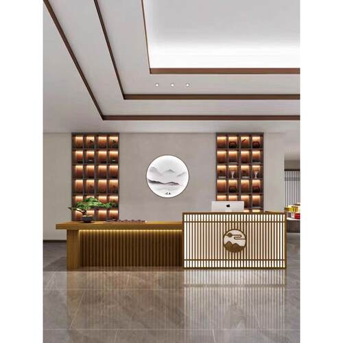 新中式实木收银台采耳足浴柜台桌现代简约茶叶店接待吧台茶台一体 - 图0