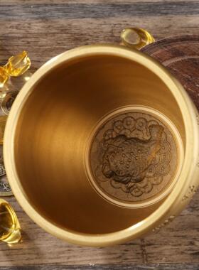 黄铜复古金蝉百福缸聚宝盆家居摆件工艺品精雕聚财米缸供水杯铜器