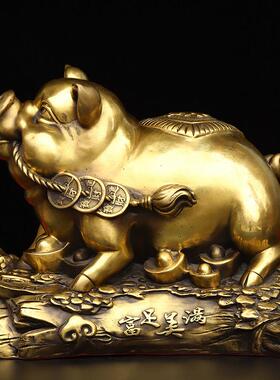 纯铜大号福字猪存钱筒摆件金钱元宝布袋金猪喜庆用品家居店铺装饰