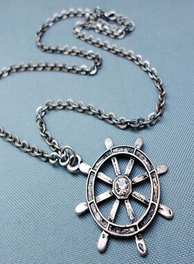 手工加勒比海盗船舵朋克风银项链