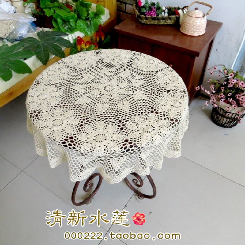 清新水蓮手工鉤針花蕾絲編織美式鄉村圓形茶几餐桌布白米80-220cm
