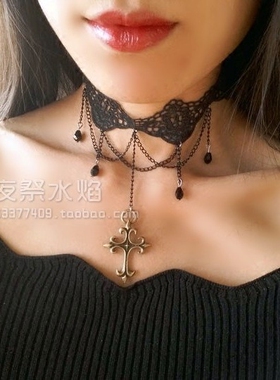 哥特风十字架夸张流苏蕾丝项链