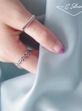 纯银复古镂空树叶开口戒指