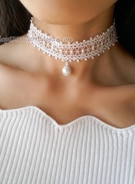时光复古白色珍珠镂空蕾丝choker