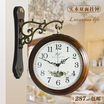 TQJ European style double sided hanging clock hanging watch living-room two-faced bell American retro hanging watch solid wood field muted clock table