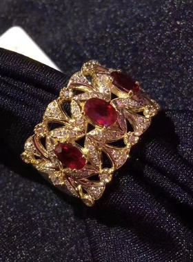 天然缅甸925银镀黄金红宝石戒指