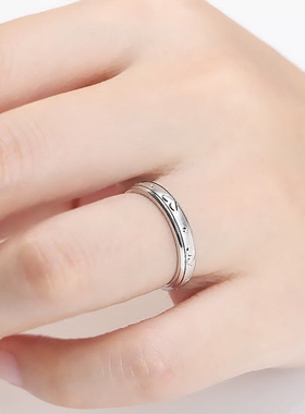 心形男女款可转动刻字闭口银戒指