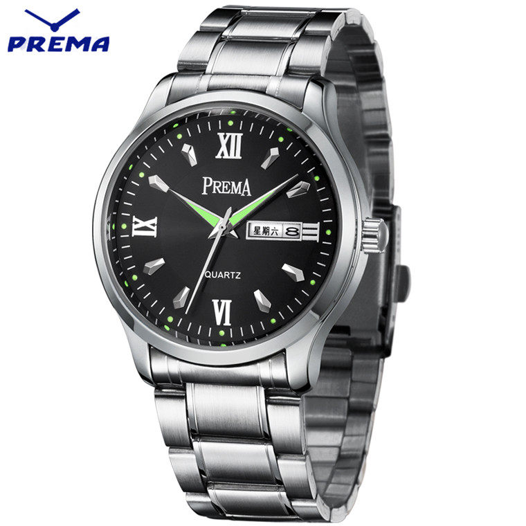 夜光双日历韩版简约男士潮流钢带表 prema一线国产腕表