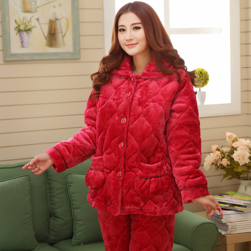 蜜妮佳服饰专营店秋冬季三层加厚法兰绒夹棉睡衣女士冬天珊瑚绒夹棉家居服保暖套装0
