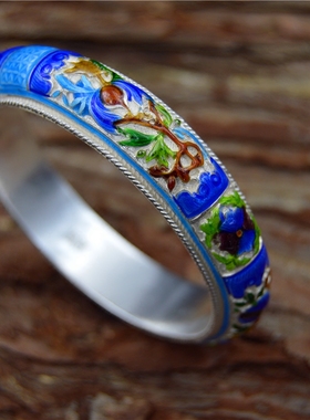 立体浮雕传承古法民族银手镯珐琅