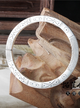 四方雕花个性方银手镯手工刻花情