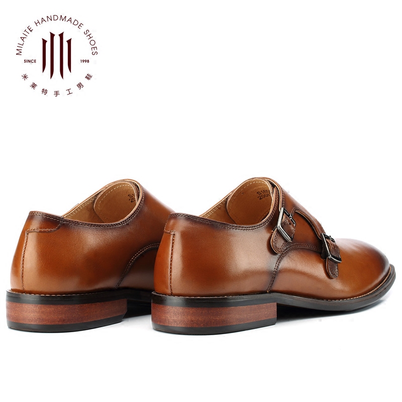 米莱特旗舰店英伦真皮鞋男士商务正装搭扣僧侣孟克男鞋复古擦色棕色套脚一脚蹬2