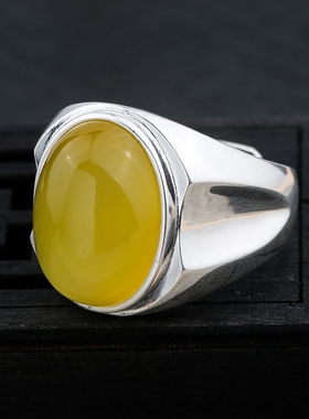 镶嵌蜜蜡琥珀玉石光面银戒指