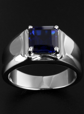 纯银镀白金蓝宝石男式刻字戒指