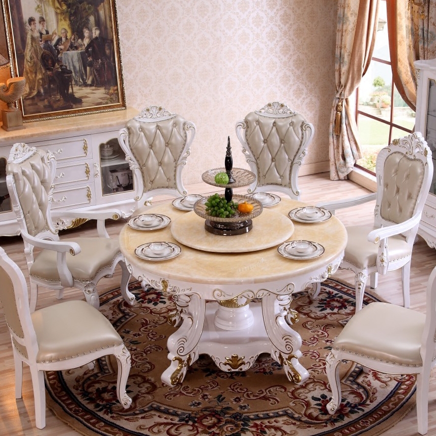 欧式天然大理石圆餐桌带转盘全实木白色描金吃饭桌子小户型6人桌8