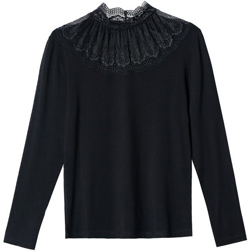 春秋季女装内搭半高领莫代尔打底衫长袖立领t恤修身蕾丝小衫秋衣 - 图3