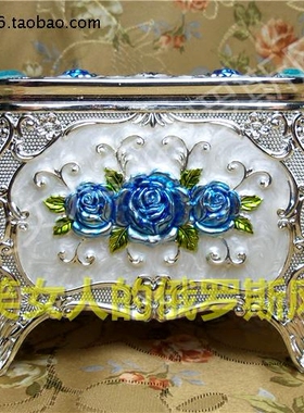特价T4俄罗斯银锡合金属抽纸巾盒高款小号银白色蓝玫瑰花厚重欧式